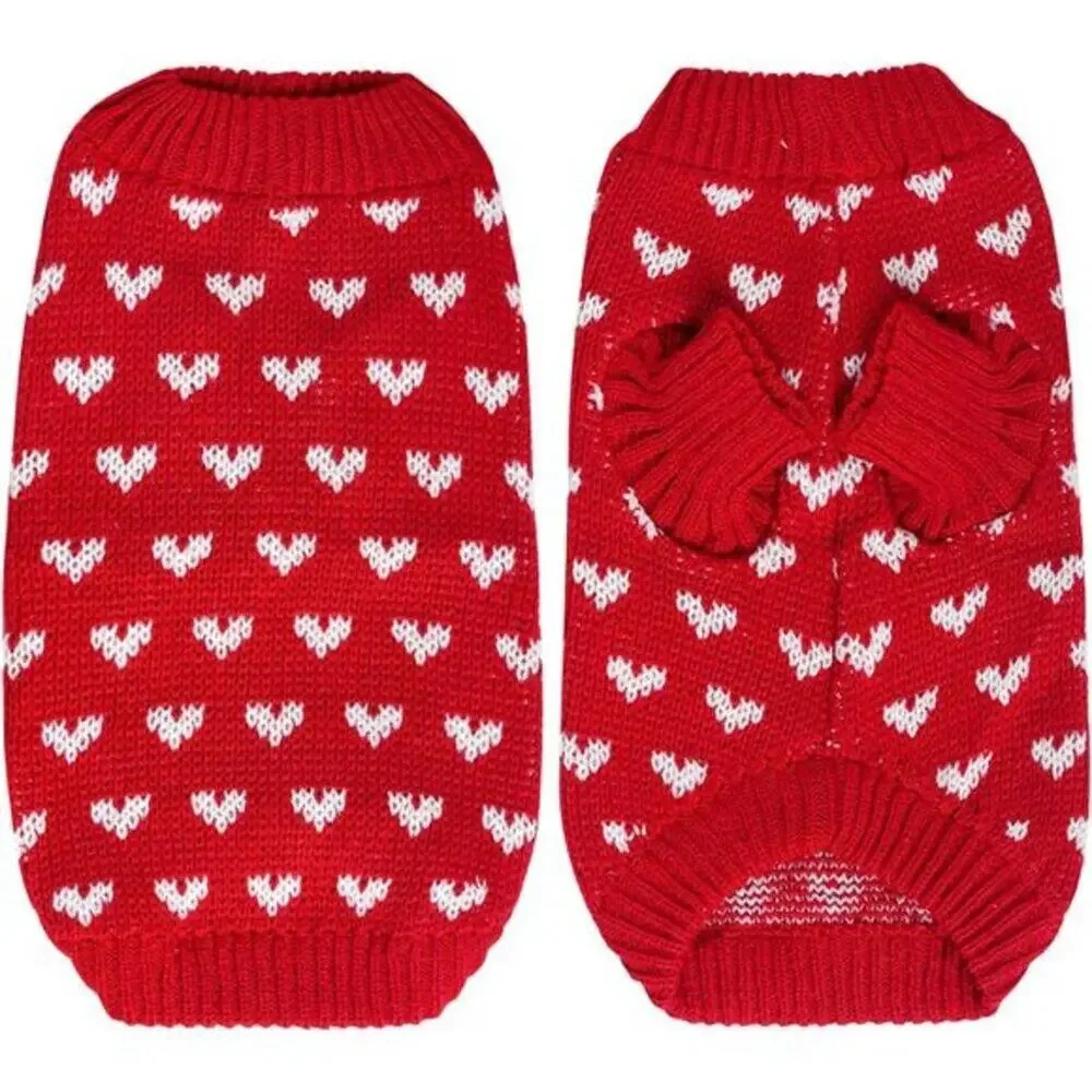 Red Dog & Cat Sweater Knitted Heart Puppy Pullover Warm Soft Holidays Clothes